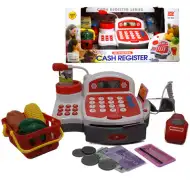 Červená funkční elektronická pokladna s hračkovými penězi, produkty a zvukem.