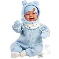Llorens: Talo Sonrisas 44cm novorozenecká panenka se zvukem v modrém kapucovém oblečení.