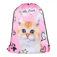 Můj malý kamarád má růžový sportovní batoh s kočičkami.