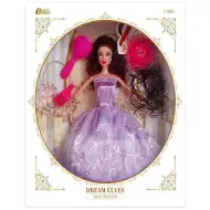 Módní panenka s dlouhými vlasy a doplňky v fialových šatech 30 cm