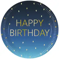 Modré papírové talíře s nápisem "Happy Birthday", sada 8 ks, 23 cm