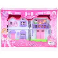 Růžová rodinná vila s nábytkem a panenkami rodiny.