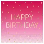 Růžové narozeninové dvouvrstvé papírové ubrousky s nápisem "Happy Birthday", balení po 20 ks.