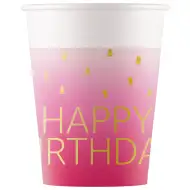 Růžové papírové kelímky s nápisem "Happy Birthday", sada 8 ks, 200 ml