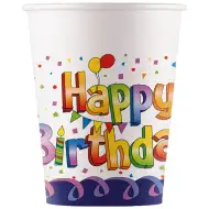 Sada 8 papírových kelímků s nápisem "Happy Birthday" v duhových barvách, 200 ml