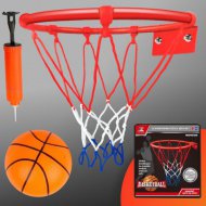 Sada kovového basketbalového koše s barevnou sítí, míčem a pumpou o průměru 24 cm.