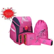 Spirit: Sada 5 ergonomických školních tašek s 3D vzorem koní a LED osvětlením 34x22x41cm
