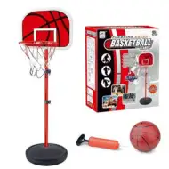 Stojan na basketbal s tabulí, set s pumpou a míčem.