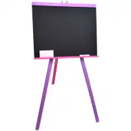 Stojanová dřevěná tabule na kreslení s křídou, v dívčích barvách.
