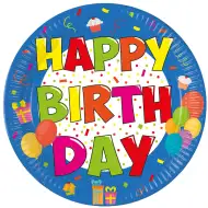 Veselé barevné narozeninové papírové talíře s nápisem "Happy Birthday", sada 8 ks