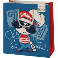 Zelená taška na dárky se vzorem jezdícího králíka na skateboardu, střední velikost 18x10x23 cm.