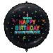Narozeninový fóliový balónek – s nápisem „Happy Birthday“, s dortem a konfetami, na černém podkladu, 46 cm