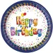 Veselý modro-bílý narozeninový papírový talíř s nápisem „Happy Birthday“, sada 8 ks.